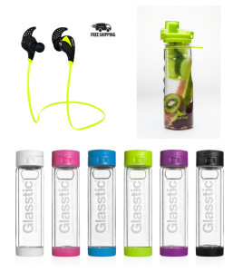 exercise earphones and waterbottles